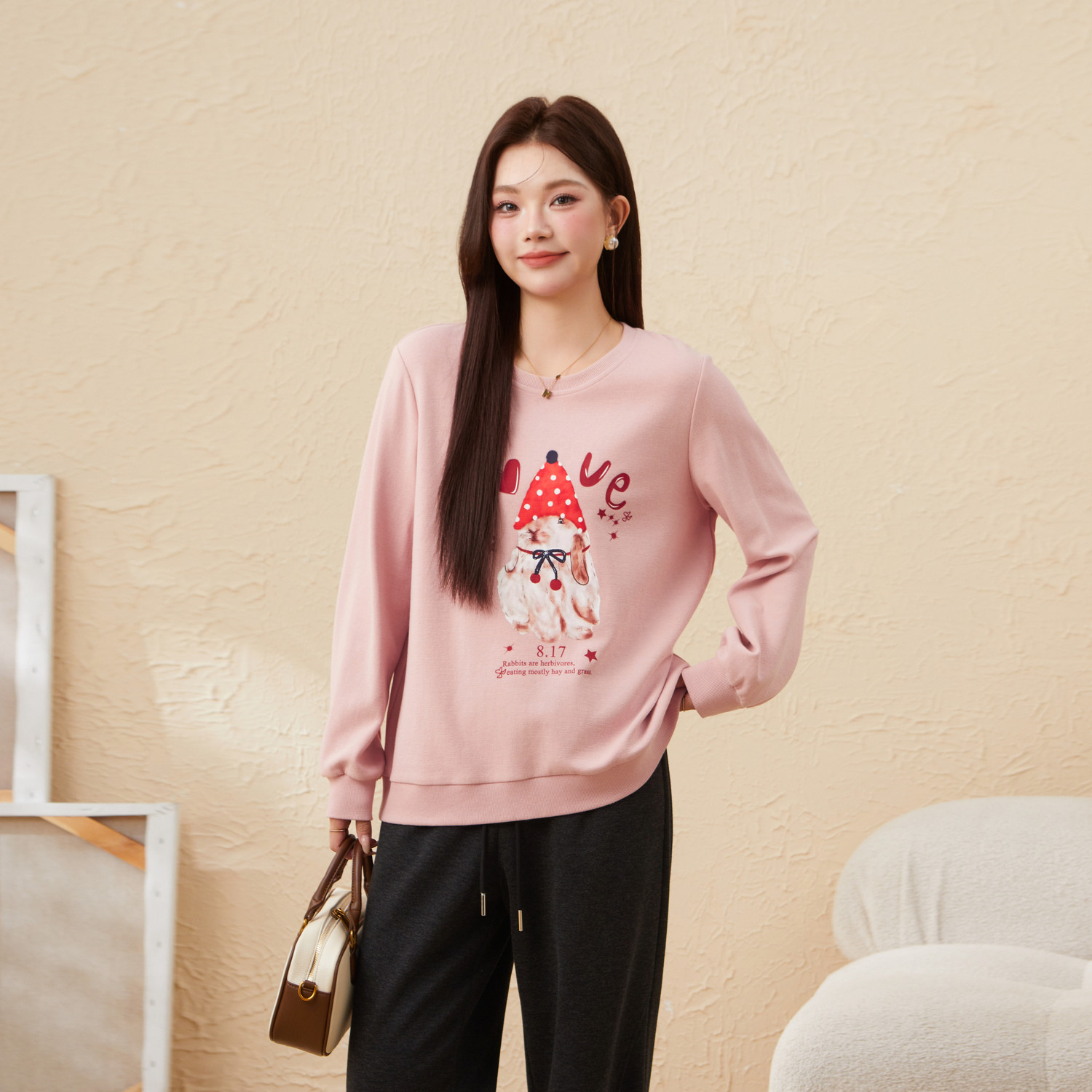 采多宝大码女装圆领小兔子3D印花卫衣胖mm动物图案可爱风减龄上衣,淘宝优惠券,粉丝福利购,淘宝优惠卷