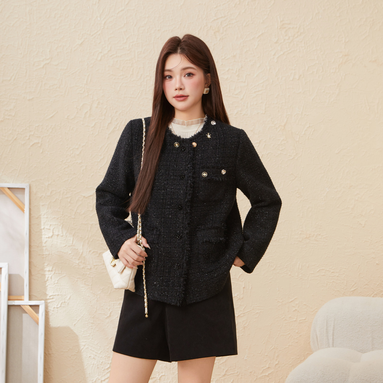 采多宝大码女装胖mm2025秋季新款圆领毛边廓形小香风黑色外套,淘宝优惠券,粉丝福利购,淘宝优惠卷