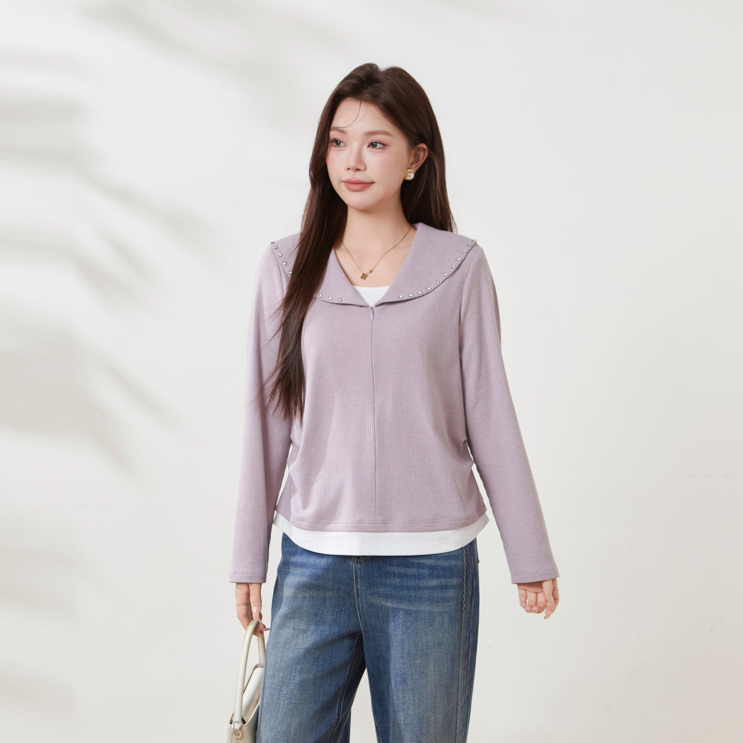 采多宝大码女装减龄海军领拼色假两件T恤胖mm薄款钉珠打底上衣,淘宝优惠券,粉丝福利购,淘宝优惠卷