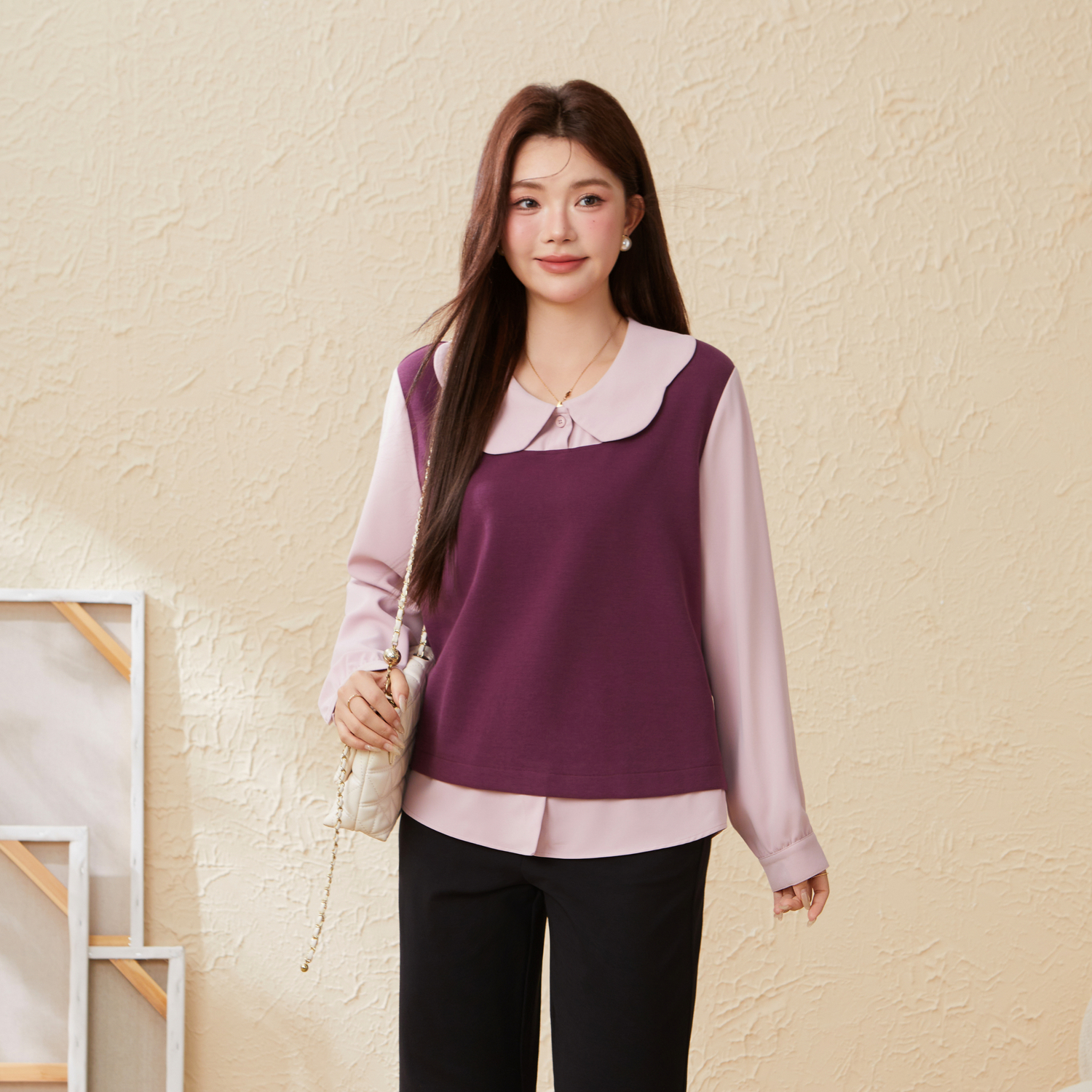 采多宝大码女装假两件花瓣领减龄卫衣胖mm厚款针织娃娃领气质上衣 - 图1