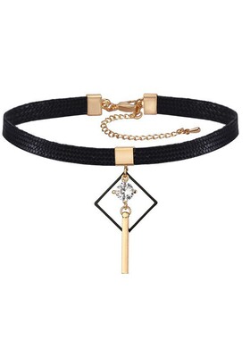 简约黑色皮质 choker 菱形锆石吊坠颈圈女小众高级感短款锁骨链