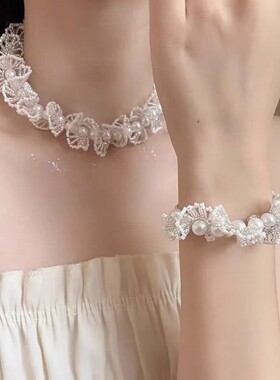 法式超仙蕾丝珍珠项链小众轻奢配套手链时尚简约choker锁骨链女款
