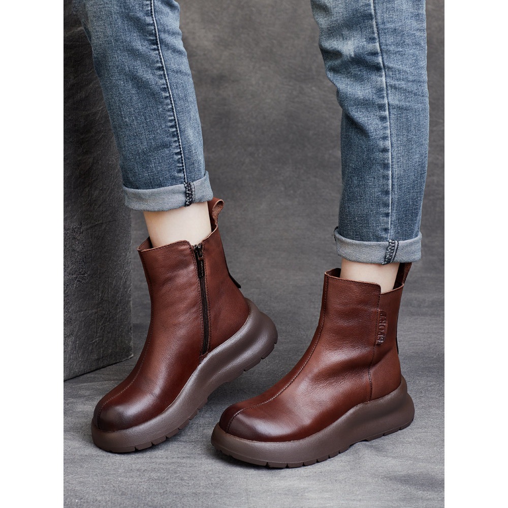 2025秋冬新款真皮圆头软底厚底短靴马丁靴女靴加绒棉靴单靴子女,淘宝优惠券,粉丝福利购,淘宝优惠卷