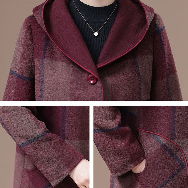 Middle-aged and elderly plaid mid-length cashmere jacket with western style