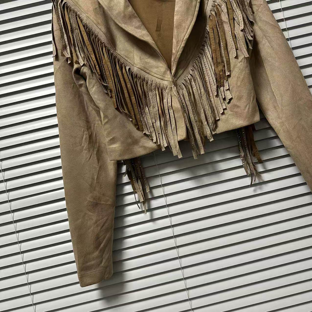 1229-22欧美风麂皮绒流苏短外套女复古机车风翻领设计感夹克上衣,淘宝优惠券,粉丝福利购,淘宝优惠卷