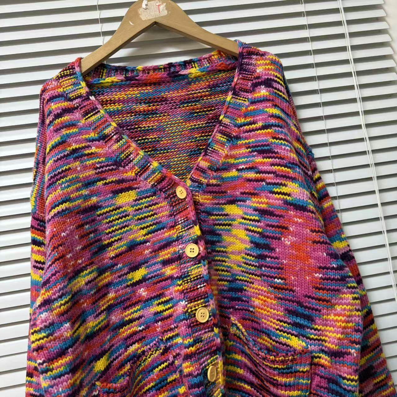 0121-58多巴胺风撞色针织开衫女V领纽扣宽松短外套彩色毛衣,淘宝优惠券,粉丝福利购,淘宝优惠卷