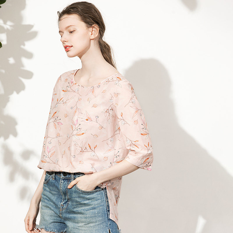 温柔橙粉色枝叶印花丝棉女ins t恤 miccbeirn服饰旗舰T恤