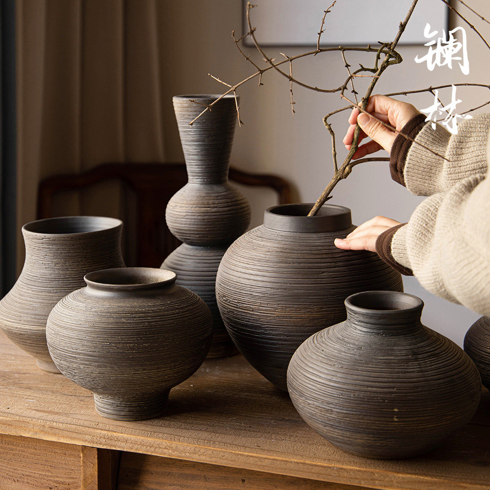 镧林复古台面陶瓷花瓶黑色客厅摆件粗陶罐餐桌插花器陶艺民宿长吉,淘宝优惠券,粉丝福利购,淘宝优惠卷