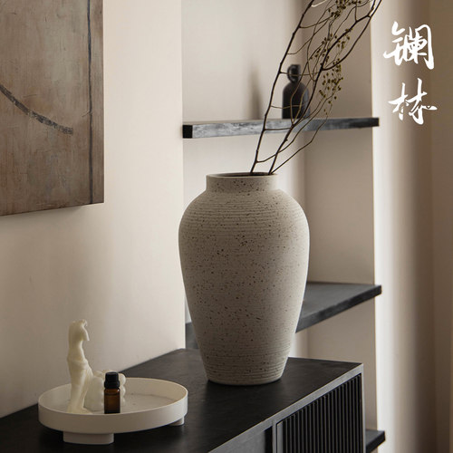 现代简约白色花瓶侘寂风装饰摆件插干枝大号台面可种树盆白墨点点 - 图1