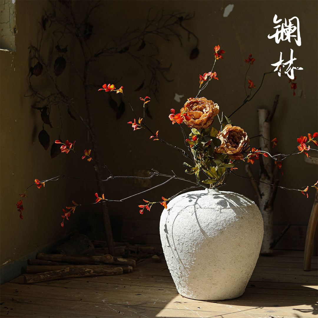 粗陶花瓶陶瓷落地客厅摆件白色侘寂风插干花器设计师大肚北欧装饰_虎窝淘