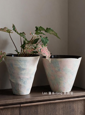 莫奈油画风陶瓷花盆高级感家用