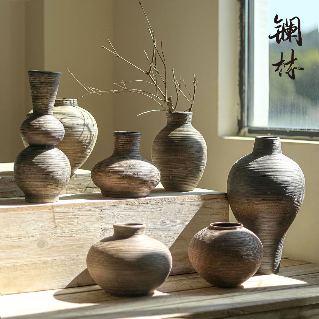 镧林复古台面陶瓷花瓶黑色客厅摆件粗陶罐餐桌插花器陶艺民宿长吉,淘宝优惠券,粉丝福利购,淘宝优惠卷