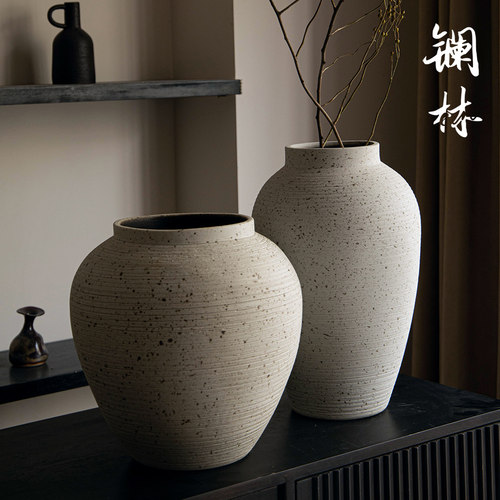 现代简约白色花瓶侘寂风装饰摆件插干枝大号台面可种树盆白墨点点 - 图2