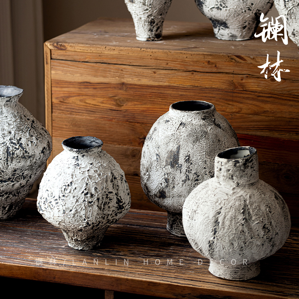 新中式侘寂风粗陶花瓶景德镇民宿复古插干花器客厅玄关梨花雪陶罐 - 图0