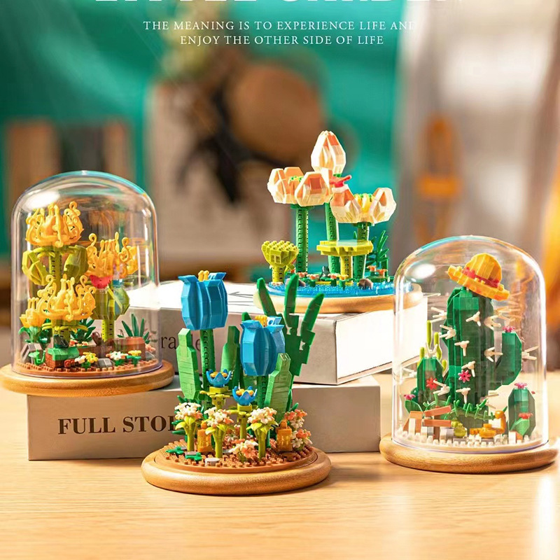 予高积木花盆栽玫瑰拼装永生花DIY小颗粒积木创意桌面摆件玩具 - 图2