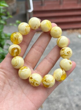 天然二代蜜蜡手串男女款鸡油黄金绞蜜瓷白飘花琥珀手链圆珠饰品41