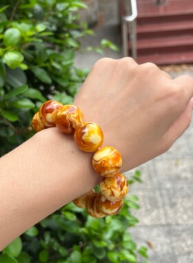 天然二代蜜蜡手串男女款鸡油黄金绞蜜瓷白飘花琥珀手链圆珠饰品34