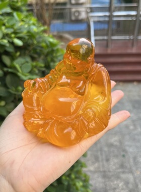 天然二代蜜蜡琥珀黄玉石雕佛像摆件招财弥勒佛桌面装饰品工艺品