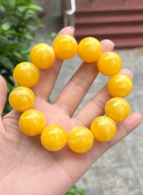 天然二代蜜蜡手串男女款鸡油黄金绞蜜瓷白飘花琥珀手链圆珠情侣54