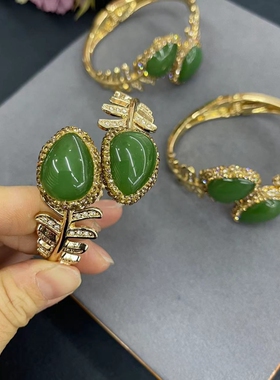 马来玉双头开口保色电镀手工镶嵌水钻饰品手镯女