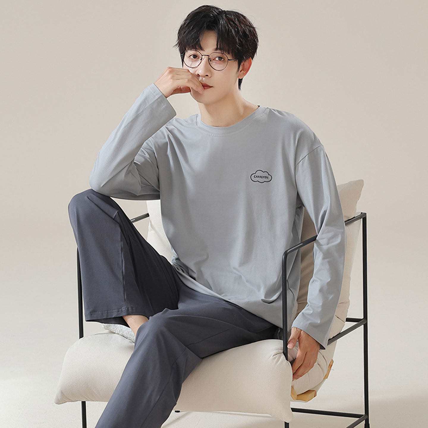 纯棉睡衣男长袖圆领套头春秋季2026新款简约可外穿家居服两件套装,淘宝优惠券,粉丝福利购,淘宝优惠卷