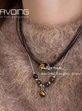 AAVOING多层叠戴项链choker小众颈链女复古皮革虎眼石吊坠锁骨链