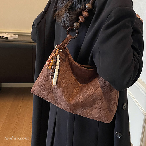 休闲复古麂皮绒包包女2026秋冬季新款通勤单肩腋下包大容量托特包 - 图0