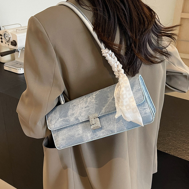 French niche denim baguette armpit bag for women, versatile