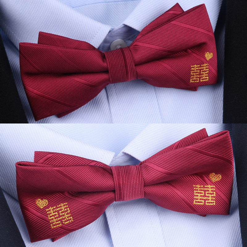 时尚双层红色领结男结婚新郎婚礼喜蝴蝶结伴郎兄弟团黑色西装领带-图0