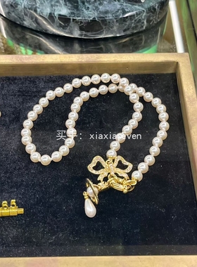 西太后水钻蝴蝶结珍珠项链