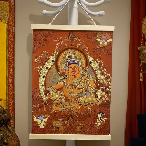 实木挂轴唐卡黄财神佛像挂画客厅玄关装饰画藏族佛堂文殊菩萨壁画 - 图1