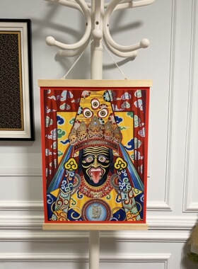 藏式财神扎基拉姆唐卡挂画唐卡转运寓意好入户玄关装饰画实木挂轴