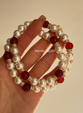 国风天然红玛瑙澳白珍珠锁骨项链