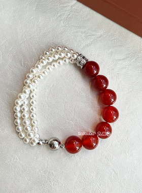 天然红玛瑙珍珠手链多层磁吸扣