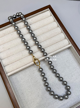真多麻银灰色珍珠项链女元宝扣轻奢小众高级法式叠戴毛衣链颈链女