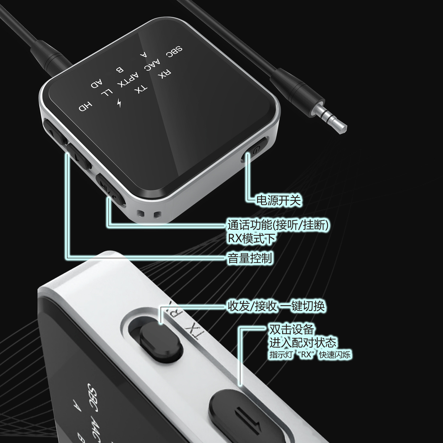 蓝牙5.2音频发射器接收器二合一APTX HD发烧级无损音乐低延时1拖2-图2