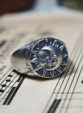 纯银小清新日月同辉戒指磨砂做旧