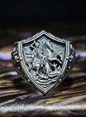铁头的店 925银 复古做旧盾牌“屠龙徽章 ”戒指 暗黑风指环