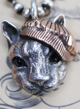 绅士猫吊坠铁头的店纯银情侣猫头