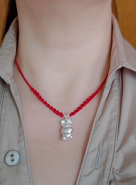 生肖兔项链足银手编红绳女本命年