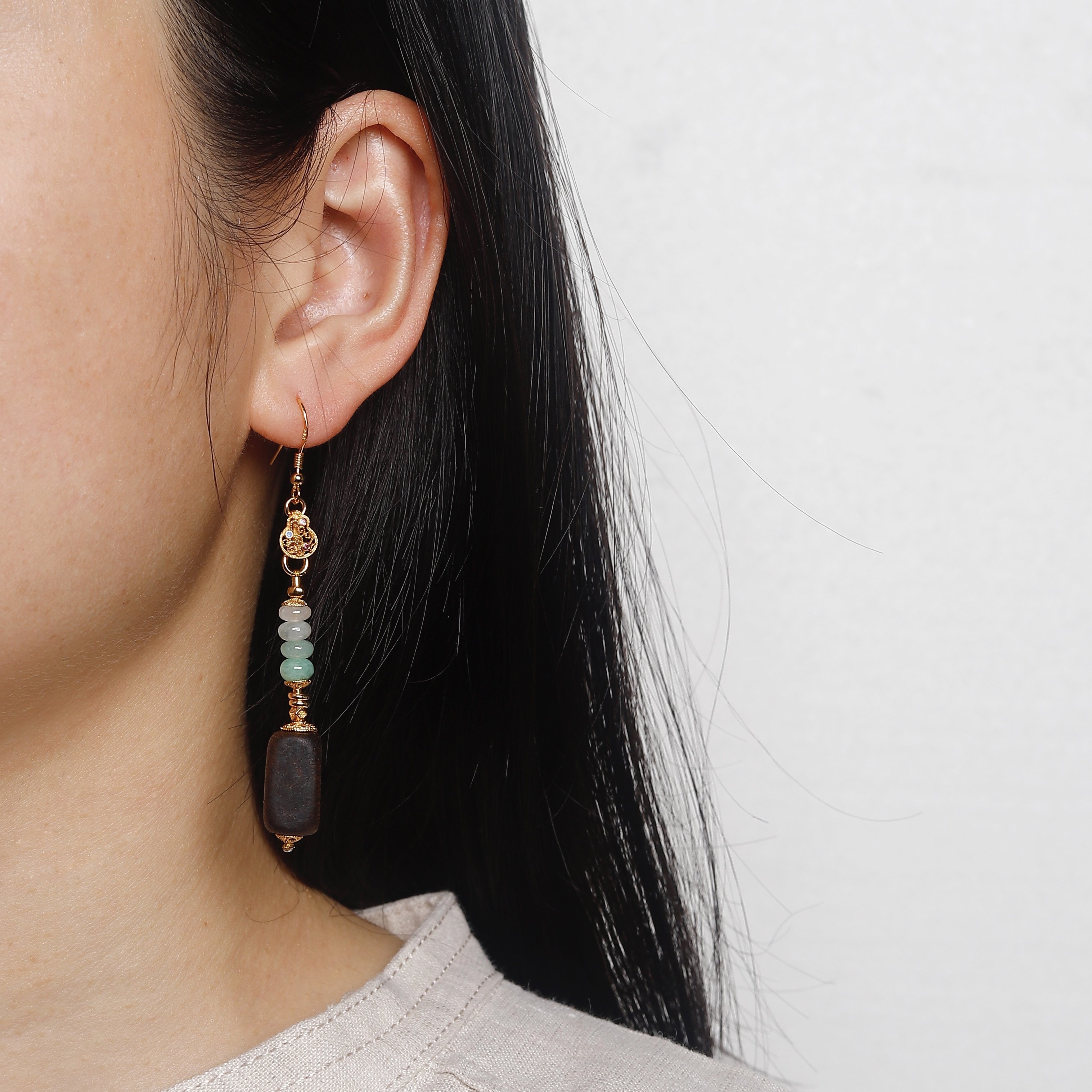 新中式天然老料沉香方糖耳坠缅料A货翡翠算盘珠葫芦银镀金耳环女,淘宝优惠券,粉丝福利购,淘宝优惠卷