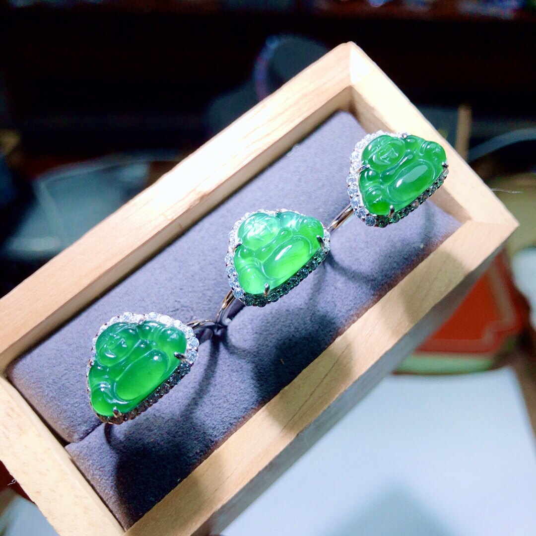 I585天然A货翡翠佛公戒指s925银帝王绿活口指环12/15mm情侣首饰-图1