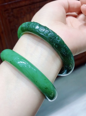 R335 天然和田玉俄料碧玉红皮雕花手镯料细冰底玉镯子
