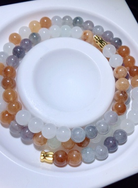 AA0054 天然金丝玉项链锁骨链约7mm多宝三彩色女款玉颈链长串