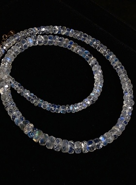 53A92 天然蓝月光石刻面算盘珠项链强蓝光4-6mm切面女款彩色宝石