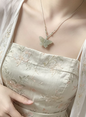 天然和田玉蝴蝶项链清水料锁骨链玉石挂件文艺休闲高礼物女 编绳