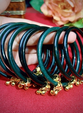 泓石斋 天然和田玉手镯墨绿色青玉叮当细条叮当镯女款+盒 有瑕