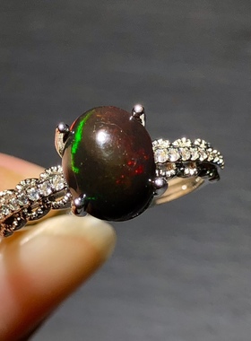 ZZ0432 天然欧泊戒指黑欧泊炫彩活口指环9/7mm澳洲情侣指环礼物