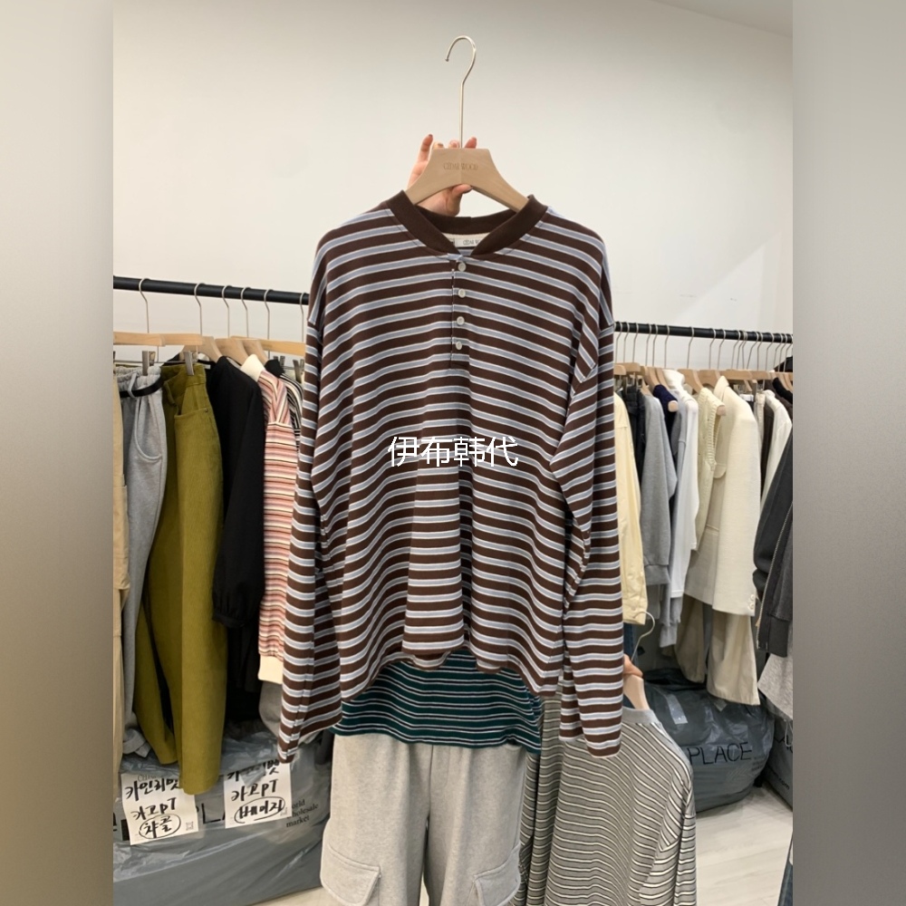 CEDARWOOD韩国东大门正品代购25冬款 圆领休闲纽扣条纹长袖T恤女 - 图0