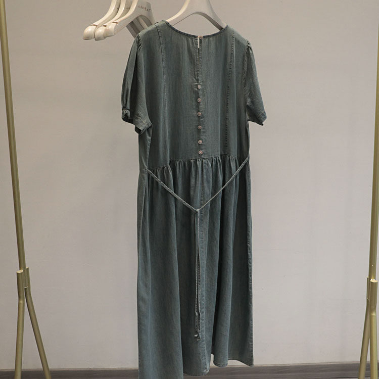 韩系小姐姐！蓝色圆领短袖牛仔连衣裙女后背排扣系带宽松休闲长裙